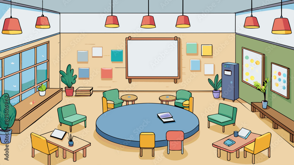 Poster a community center with a bulletin board full of flyers for events and classes a cozy lounge area fo