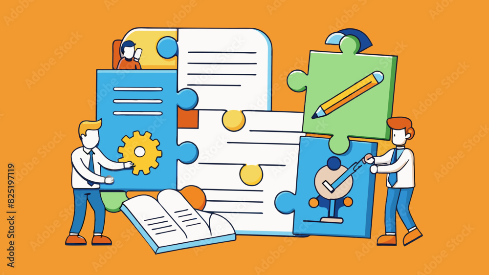 Poster A contract can be compared to a puzzle with each piece representing a specific aspect of the agreement. Just as a puzzle needs all of its pieces to. Cartoon Vector.