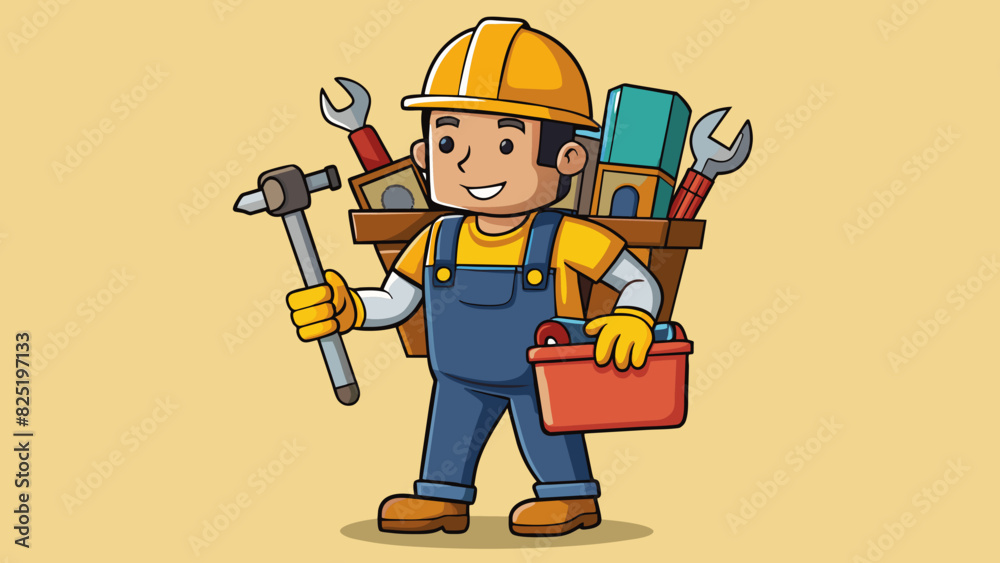 Poster a construction worker heaves a heavy load of tools and equipment onto their shoulders as they make t