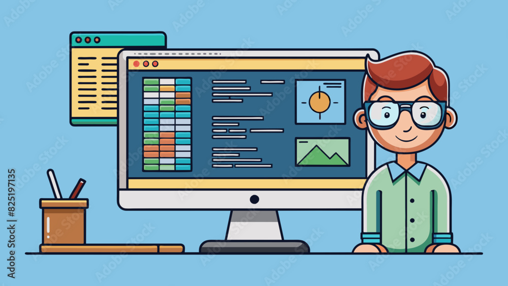 Fototapete A computer screen with a complex coding language displayed representing the skill and knowledge of a proficient programmer.. Cartoon Vector.