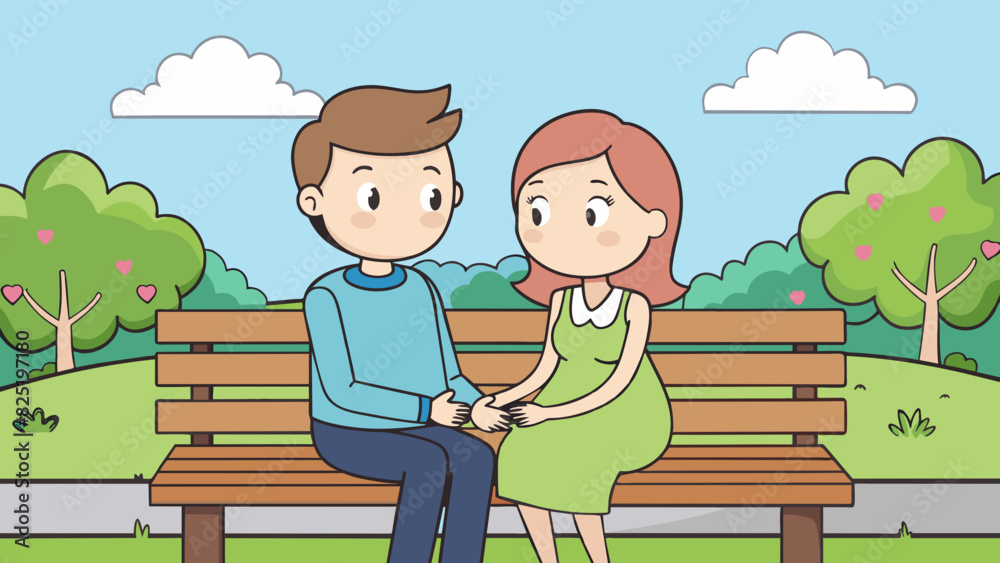 Poster a couple sits on a bench in a quiet park enjoying the warm sun as they wait for the arrival of their