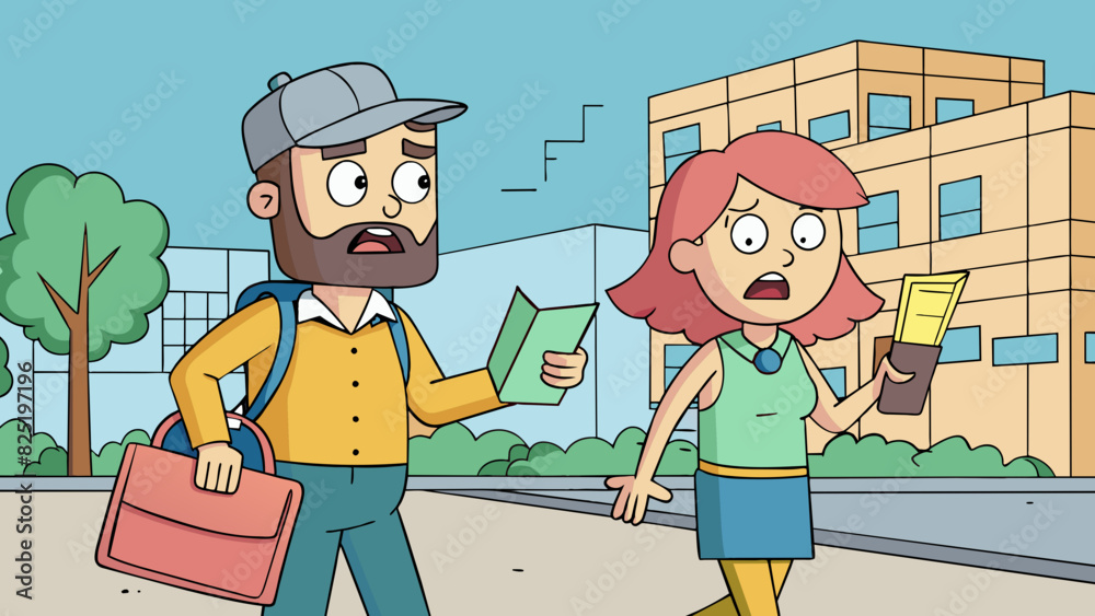 Poster a couple walking down the street one holding a map and the other stubbornly insisting they know the 