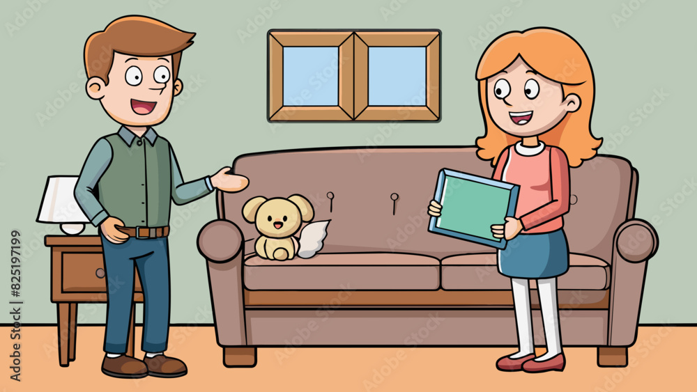 Poster a couple discussing the purchase of a cozy charcoal gray sofa with plush cushions and a sy wooden fr
