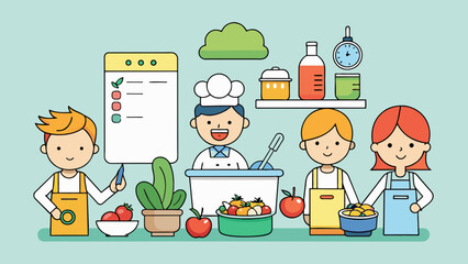 A cooking programme that focuses on quick and healthy meals suitable for busy individuals and families. It provides a weekly meal plan with simple. Cartoon Vector.