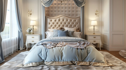 arafed bed with a canopy and a chandelier in a bedroom