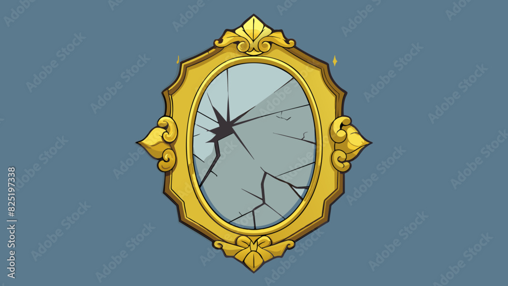 Poster a cracked mirror hangs on the wall its reflective surface fragmented and distorted. the ornate gold 