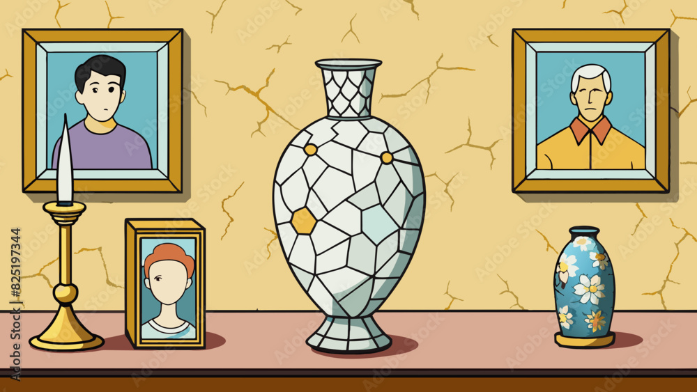 Poster a cracked ceramic vase with intricate floral patterns displayed on a mantel next to tarnished candle