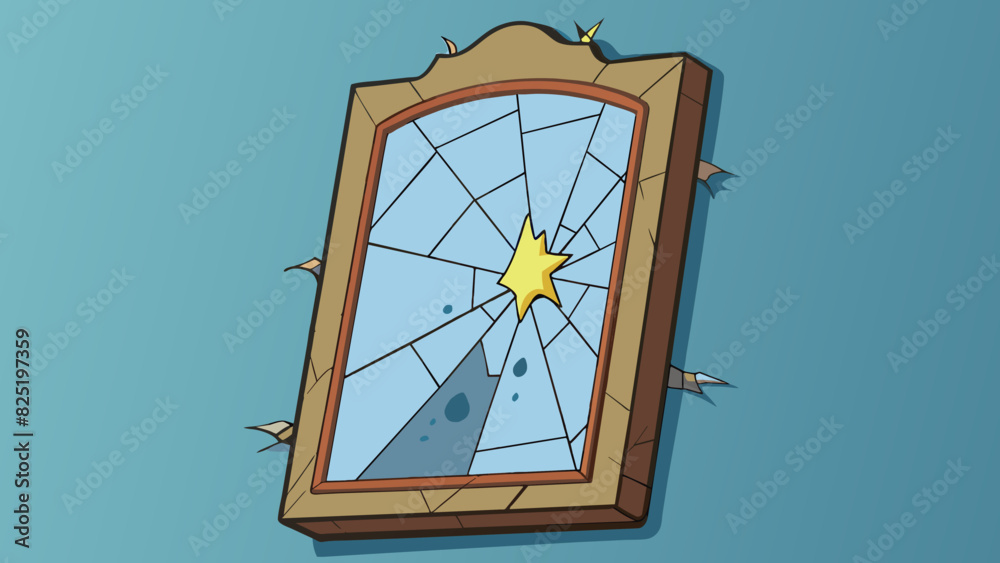Poster A cracked mirror hanging on the wall reflecting a distorted image due to its damaged surface.. Cartoon Vector.