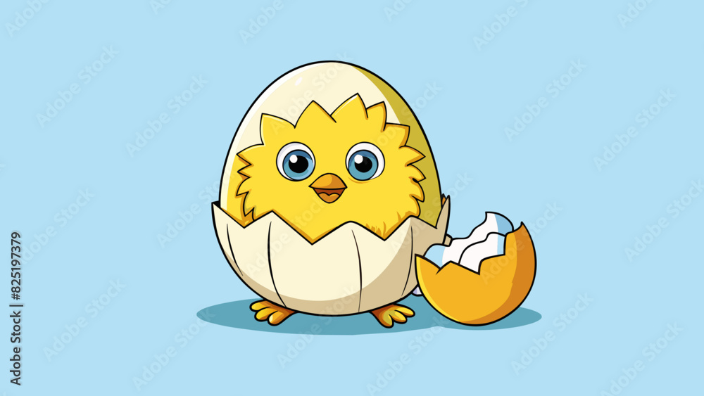Poster a cracked egg hatching into a fluffy chick demonstrating the beginning of new life and evolution.. c