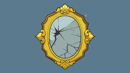 A cracked mirror hangs on the wall its reflective surface fragmented and distorted. The ornate gold frame that once held it together now tarnished and. Cartoon Vector.