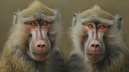 two monkeys with yellow eyes staring at the camera