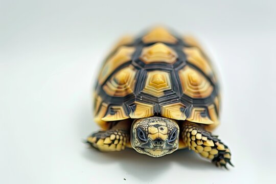 Tiny baby tortoise with a patterned shell isolated on white background