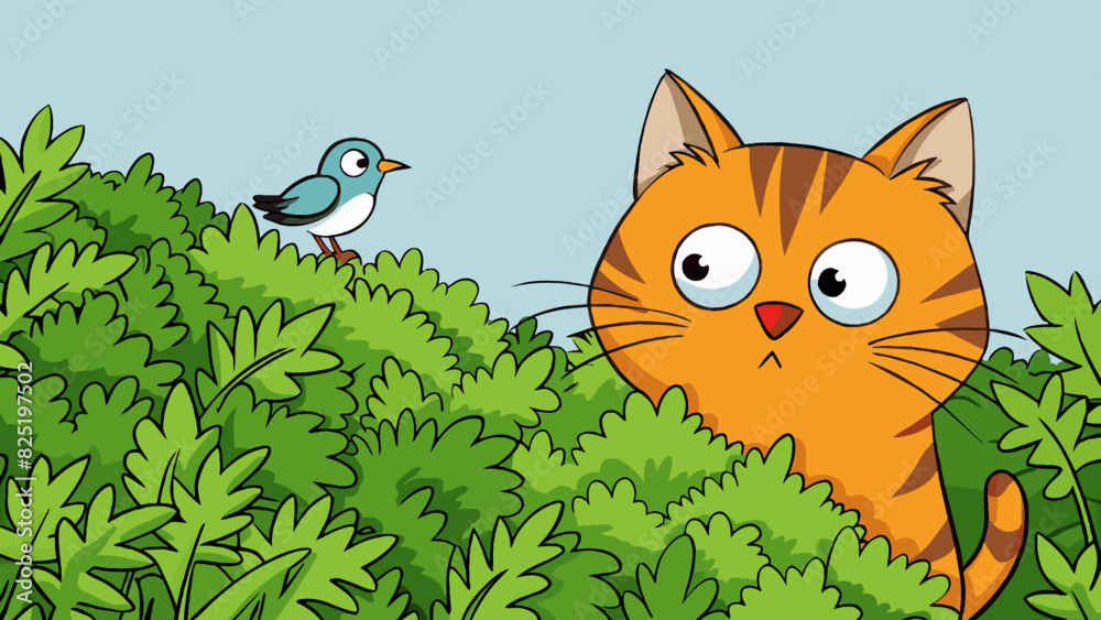 Poster A curious cat peers through the bushes its unblinking stare fixed on a nearby bird perched on a branch.. Cartoon Vector.