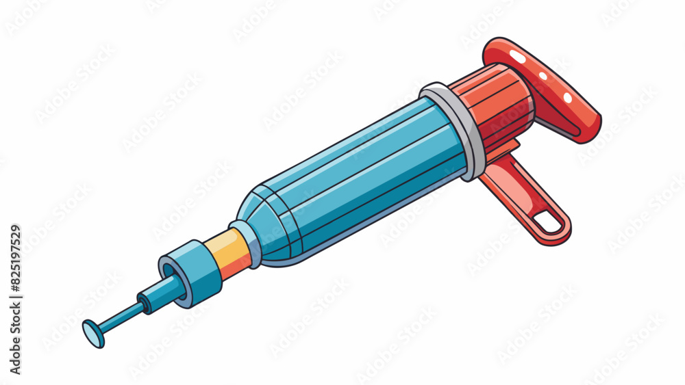Poster a cylindrical tool made of plastic with a long rubber tube coming out of the top. the tube has a noz