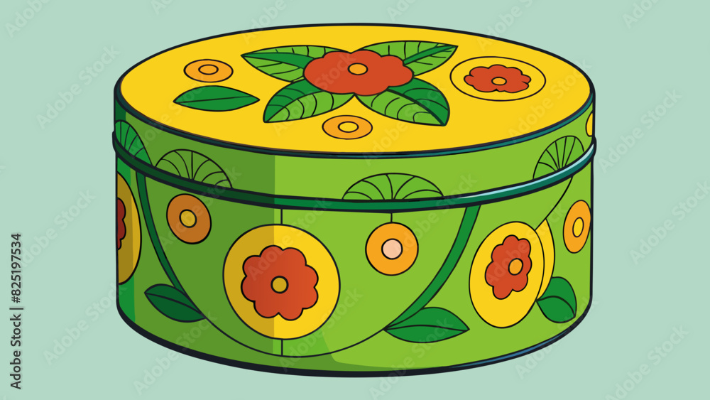 Poster a cylindrical tin box with a rounded lid painted in vibrant shades of green and yellow. it has a rai