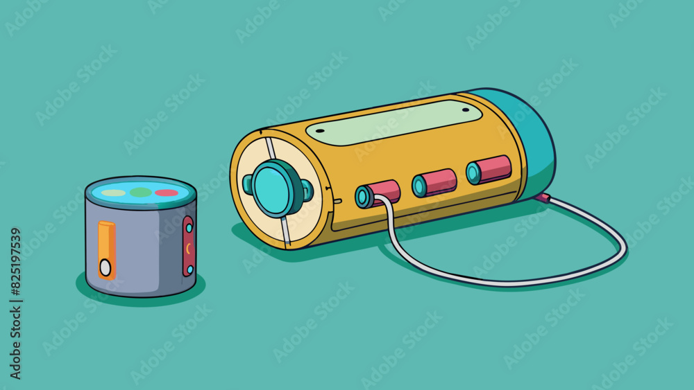 Poster A cylindrical object with a charging port on one end and a light on the other. It can be controlled through a mobile app and changes colors to create. Cartoon Vector.