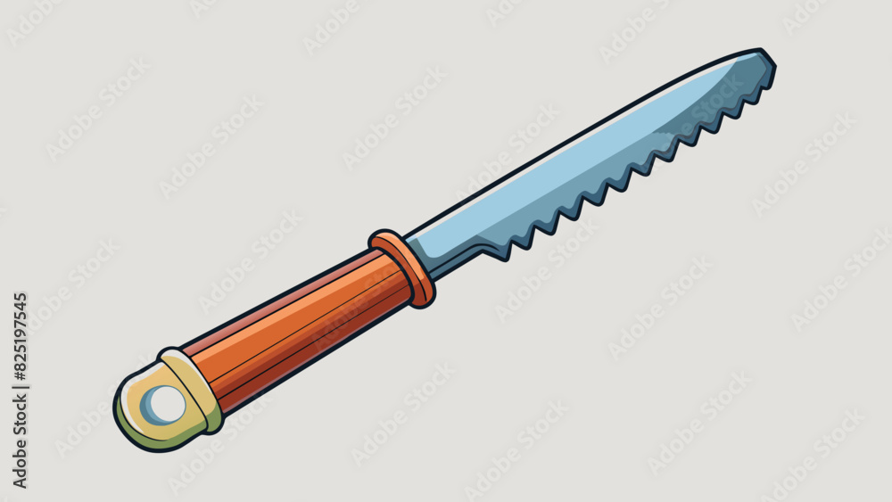 Poster A cylindrical tool with a sharp serrated edge and a long slim handle. It is made of a sy material and has a curved shape for better grip.. Cartoon Vector.