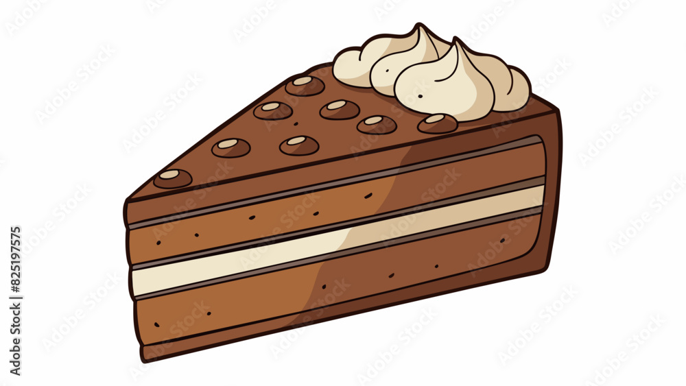 Poster A decadent slice of moist chocolate cake with layers of creamy frosting and topped with a generous handful of chocolate shavings.. Cartoon Vector.