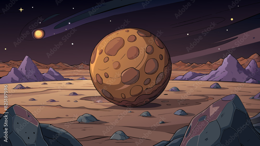 Poster A dark desolate planet with a rocky surface and no signs of life. The atmosphere is thin and hazy and the planets only source of light is a distant. Cartoon Vector.