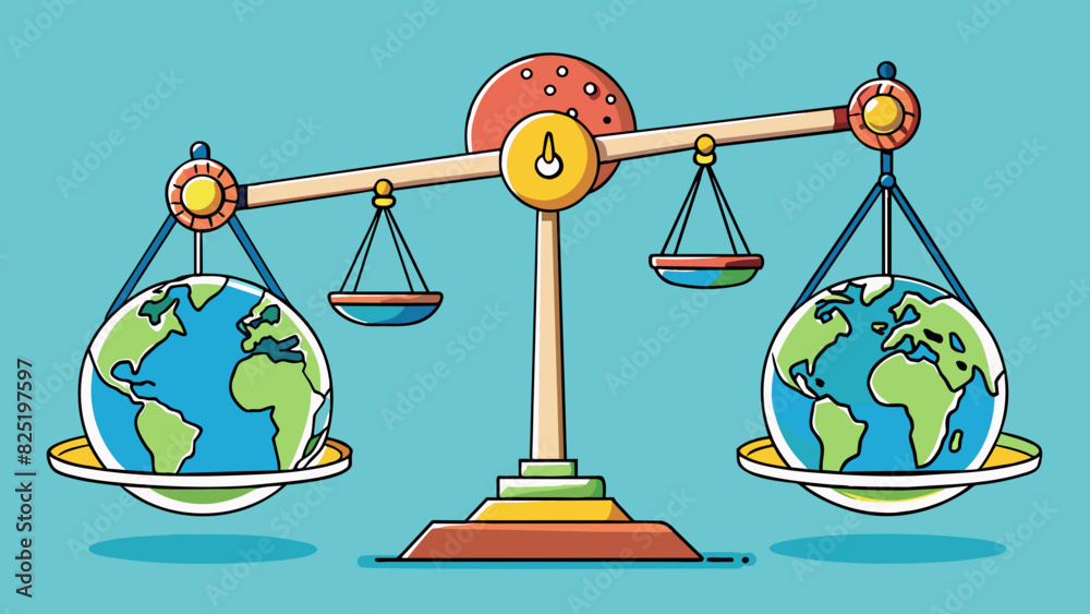Poster A delicate balance scale with weights labeled economic policies social issues foreign relations and environmental concerns attempting to find. Cartoon Vector.