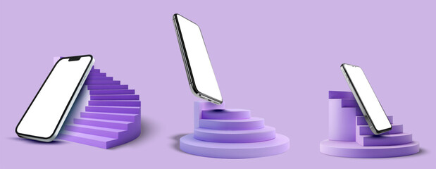 3D illustration of modern smartphones displayed on abstract purple podiums and stairs. Showcases cutting-edge mobile technology, sleek design, and a futuristic aesthetic, perfect for advertising