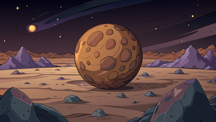 A dark desolate planet with a rocky surface and no signs of life. The atmosphere is thin and hazy and the planets only source of light is a distant. Cartoon Vector.