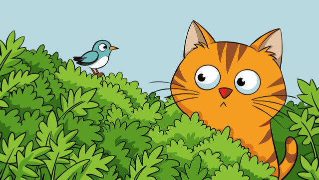 A curious cat peers through the bushes its unblinking stare fixed on a nearby bird perched on a branch.. Cartoon Vector.