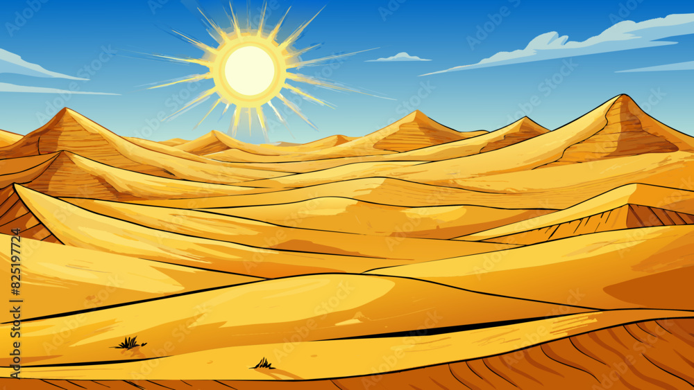 Poster A desolate desert with nothing but endless dunes and shifting sands the scorching sun beating down on you relentlessly. The vast emptiness and lack of. Cartoon Vector.