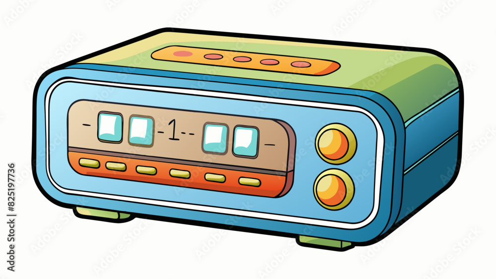 Fototapete A digital alarm clock This instance is a digital device with a rectangular shape and a backlit display. It has buttons and switches for setting the. Cartoon Vector.