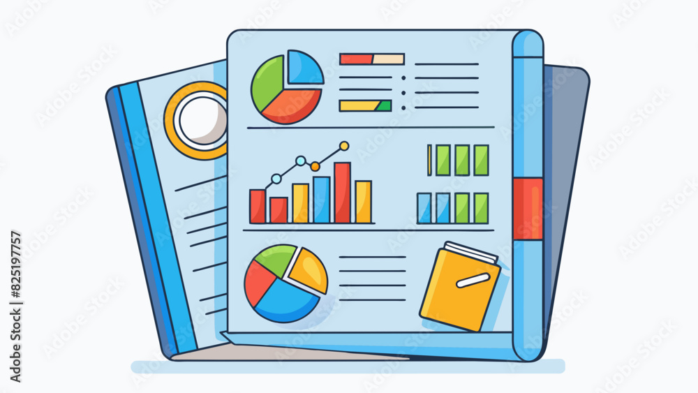 Poster A document filled with colorful charts and graphs showcasing different data sets. The pages are glossy and each chart is neatly labeled with a. Cartoon Vector.