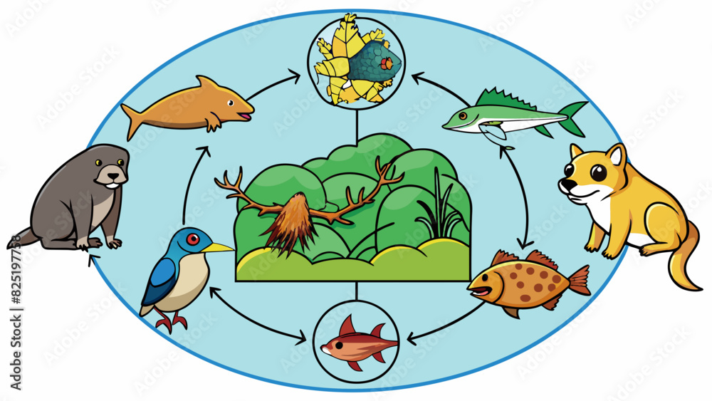 Poster A diagram of a food chain with arrows connecting different organisms. This illustrates the association between prey and predator as each organism is. Cartoon Vector.