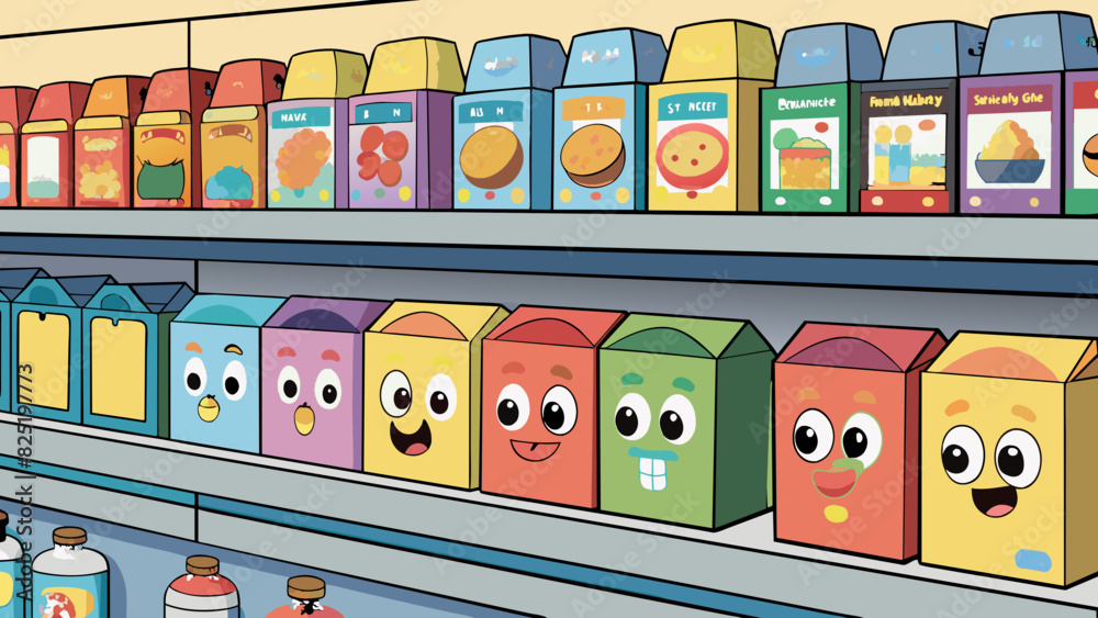 Aufkleber A display shelf in a grocery store filled with different brands and types of cereal boxes. The boxes have eyecatching designs and bright colors with. Cartoon Vector.