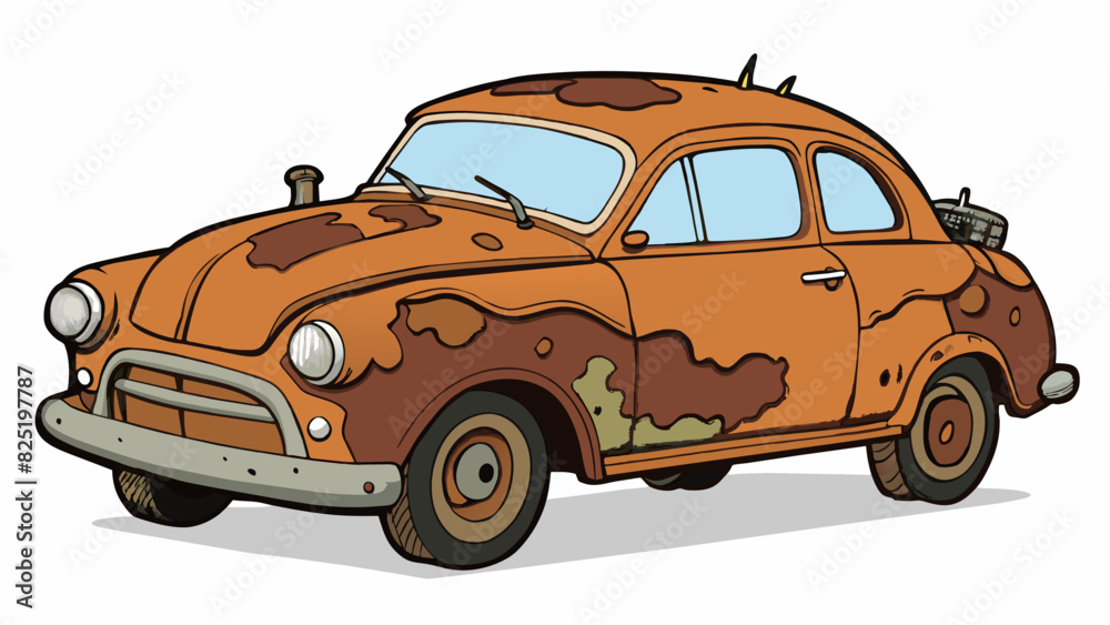 Poster A dilapidated old car whose rusty exterior was covered in layers of peeling paint and whose engine sputtered and groaned with each use.. Cartoon Vector.