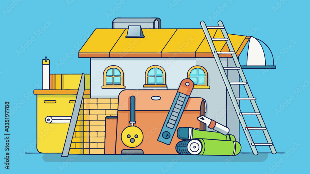 Poster A DIY home renovation plan This plan consists of a large toolbox filled with various tools a step ladder a measuring tape and a stack of blueprints. Cartoon Vector.