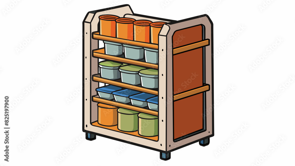 Poster A e rack is a small organisation system often found in kitchens. It consists of a set of shelves or slots where e containers can be neatly stored and. Cartoon Vector.