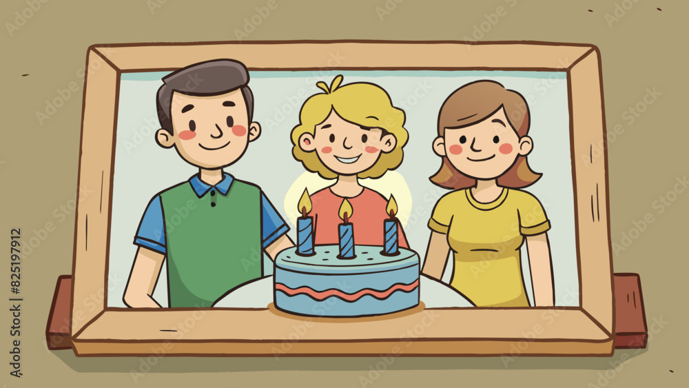 Poster A faded photograph in a dusty frame showing a family gathered around a birthday cake the youngest child blowing out the candles with a big smile on. Cartoon Vector.