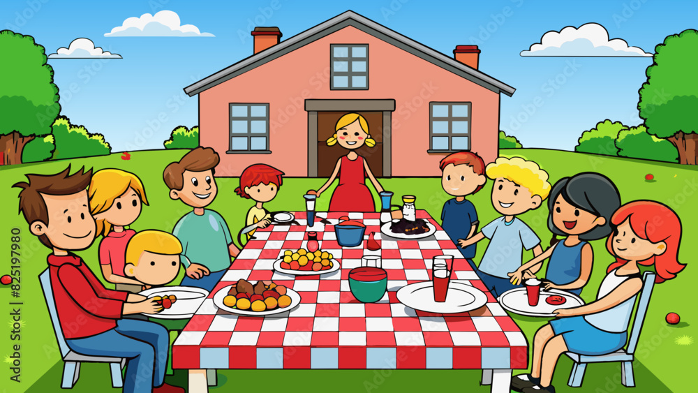 Poster a family reunion in a backyard with a long table set up for a potluck dinner. the table is adorned w