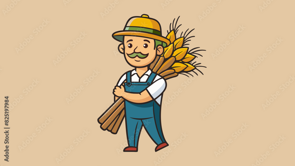 Poster A farmer carrying a bundle of wheat on their shoulder using their hands to hold it in place. The wheat is tied together with twine and has a rustic. Cartoon Vector.