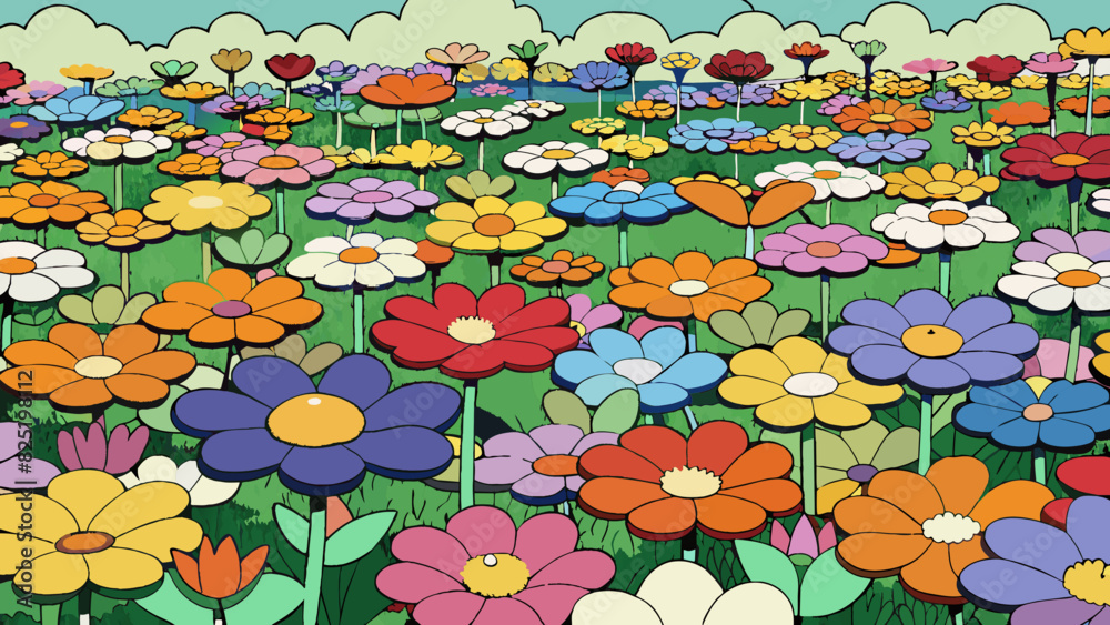 Poster A field of wildflowers each one a different size shape and hue creating a breathtaking patchwork of colors and textures.. Cartoon Vector.
