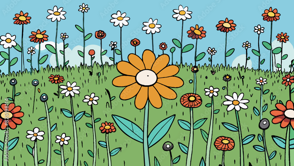 Poster A field of wildflowers with each flower representing a different potential outcome showcases the myriad of possibilities that exist in nature.. Cartoon Vector.