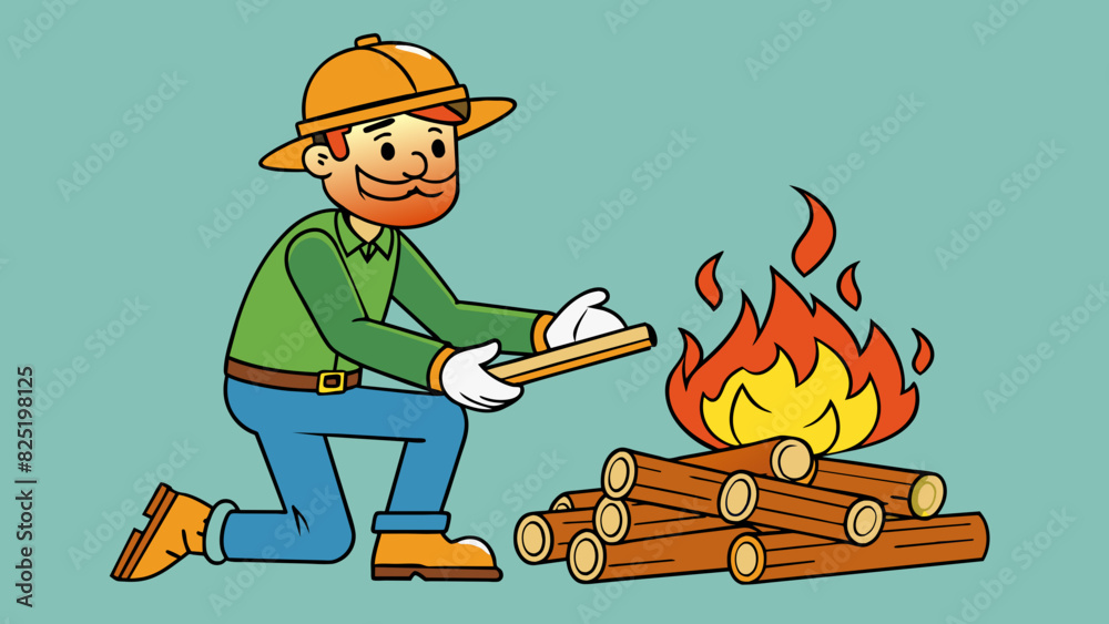 Poster A fire being tended to by a careful hand adjusting logs and adding just the right amount of kindling to keep it crackling and warm.. Cartoon Vector.