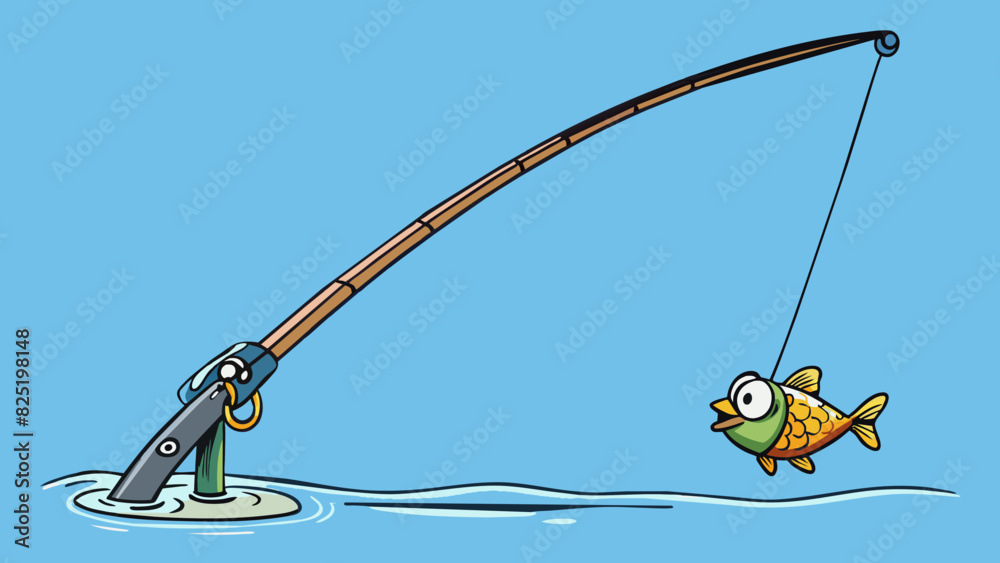 Poster a fishing pole with a line reaching deep into the water trying to catch a fish. the poles flexible a