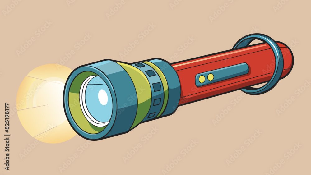 Poster A flashlights operate is to emit light when turned on. Its characteristics include a bulb or LED a switch or button to turn it on and off and a. Cartoon Vector.