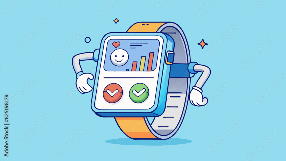 Poster A fitness tracker This software is a tool that collects and analyzes data from a users physical activities such as steps taken heart rate and calories. Cartoon Vector.