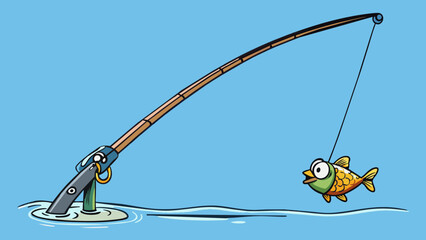 A fishing pole with a line reaching deep into the water trying to catch a fish. The poles flexible and long reach allows the fisherman to cast their. Cartoon Vector.