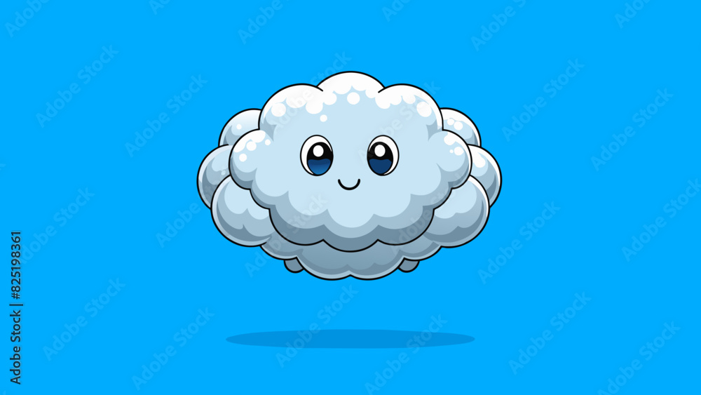 Poster A fluffy white cloud floating lazily in the blue sky. Its shape constantly changes and it casts a soft shadow on the ground below.. Cartoon Vector.