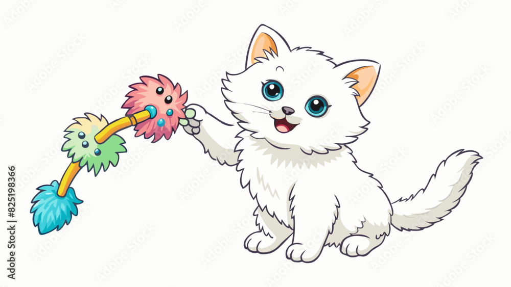 Poster a fluffy white kitten eagerly accepts a new toy from its owner batting at the colorful feathers and 