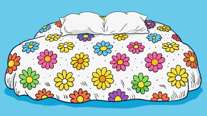 Fototapeta premium A fluffy white duvet cover adorned with colorful floral patterns is spread over a kingsized bed. The beds mattress sinks under your weight as you sink. Cartoon Vector.