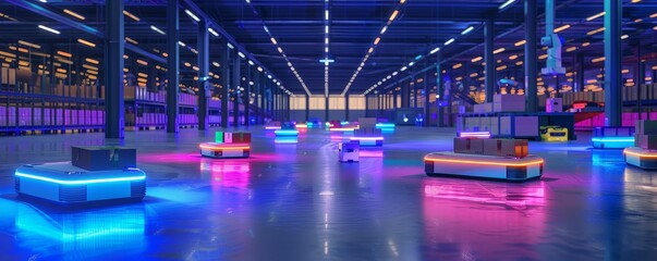 Advanced shipping warehouse with robots scanning, labeling, and stacking packages under colorful LED lights