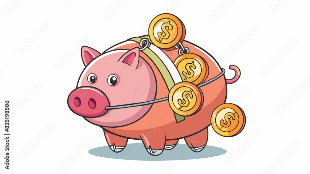 Poster a full piggy bank its seams straining from the weight of all the coins and dollars inside. no more m